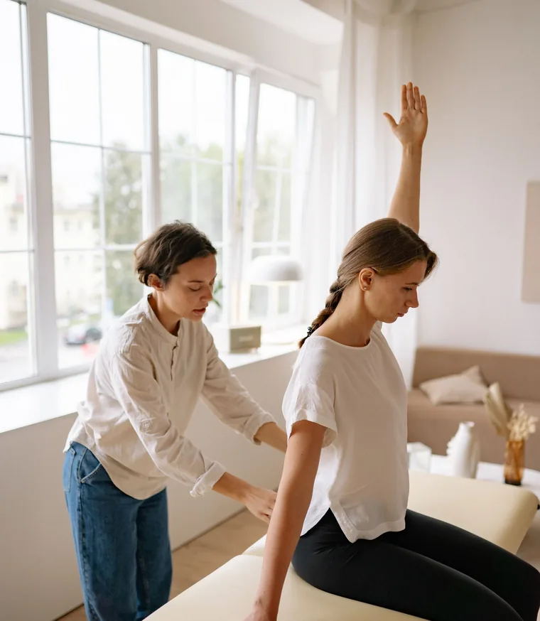 Physiotherapist guiding a patient through treatment in a bright clinic