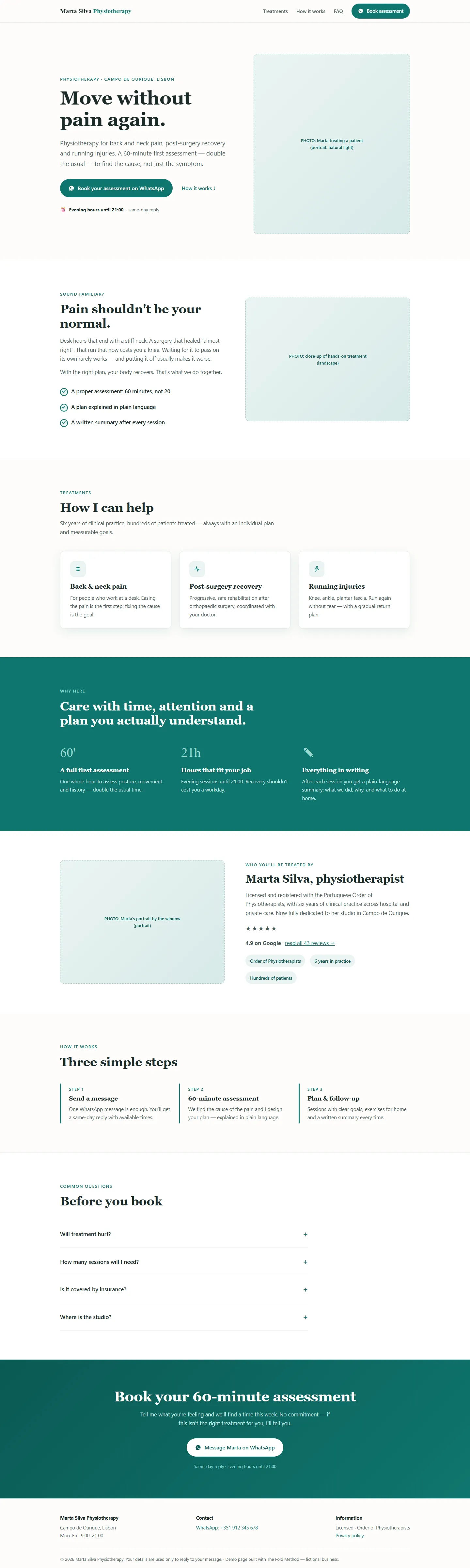 Full one-page website: hero, treatments, credentials, steps, FAQ, contact — built entirely with The Fold Method prompts